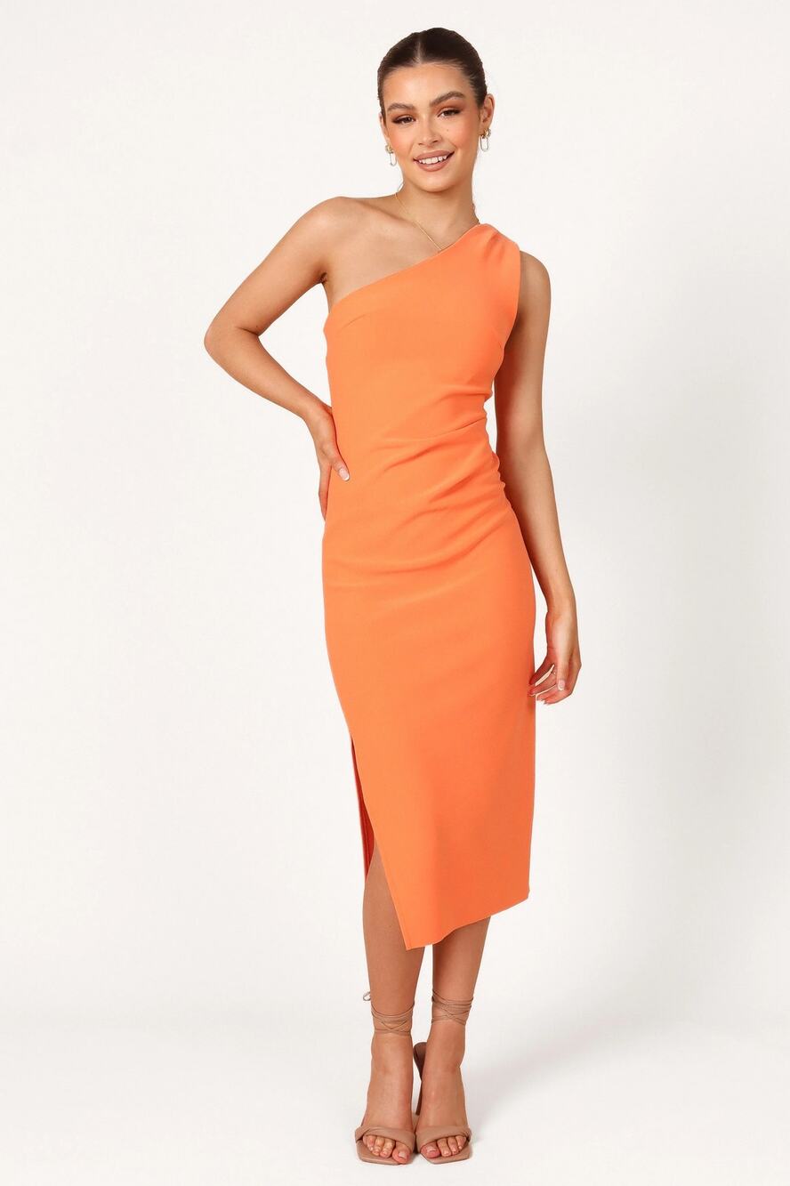 Petal + Pup Dress Womens 6 Orange Nadene One-Shoulder Midi Stretch Crepe NWT